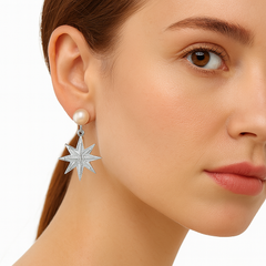 Arete Mediano Luna y Estrella con Circonias y Perla Natural Plata .925