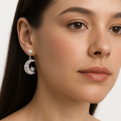 Arete Mediano Luna y Estrella con Circonias y Perla Natural Plata .925