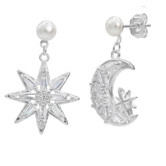 Arete Mediano Luna Y Estrella Con Circonias Y Perla Natural Plata .925