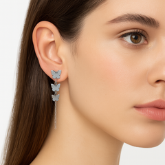 Arete Largo Mariposa Lisa con Cadena Cubana Hecho a Mano Plata .925