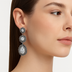 Arete Largo Filigrana Triple con Circonias y Hematite Hecho a Mano Plata .925