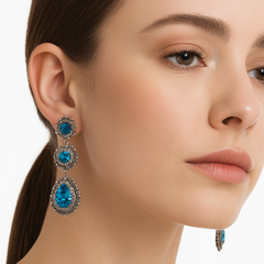 Arete Largo Filigrana Triple con Circonias y Hematite Hecho a Mano Plata .925