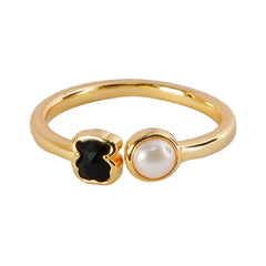 Anillo Oso 1:1 Onix Facetado y Perla de Río Plata .925 con Baño de Oro 18 k