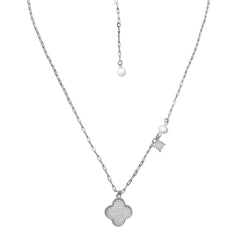 Collar Flor Inspirado Van C con Micro Circonias y Perla Natural Plata .925 con Rodio