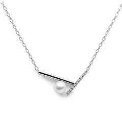 Collar Perla Natural Con Linea de Circonias y Lisas Plata .925 con Rodio