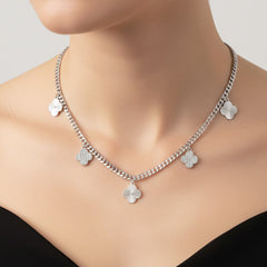 Collar Flor Inspirado Van C Diamantado con Cadena Cubana Plata .925 con Rodio