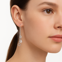 Arete Largo 3 Flores Lisas con Cadena Eslabones Hecho a Mano Plata .925