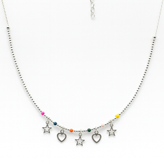 Collar Dijes Silueta de Estrellas y Corazones con Cristales Multicolor Plata .925