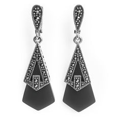 Arete Largo Marquesita Con Piedra Ágata Negra Plata .925