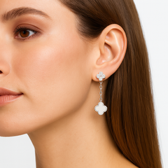 Arete Flor Largo Inspirado Van C con Micro Circonias y Cadena Paper Clip Plata .925 con Rodio