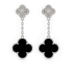 Arete Flor Largo Inspirado Van C Ónix Negro con Micro Circonias y Cadena Paper Clip Plata .925 con Baño de Rodio