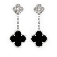 Arete Flor Largo Inspirado Van C con Micro Circonias y Cadena Paper Clip Plata .925 con Rodio