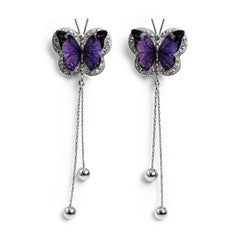 Arete Largo Mariposa con Cristales Bicolor y Cadena Cola de Rata Plata .925