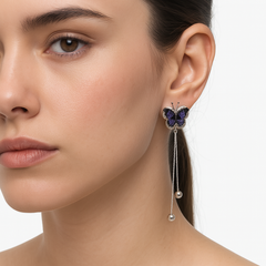 Arete Largo Mariposa con Cristales Bicolor y Cadena Cola de Rata Plata .925