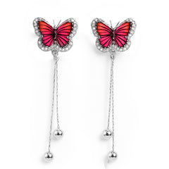 Arete Largo Mariposa con Cristales Bicolor y Cadena Cola de Rata Plata .925