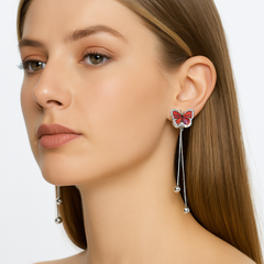 Arete Largo Mariposa con Cristales Bicolor y Cadena Cola de Rata Plata .925