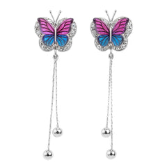Arete Largo De Mariposa Con Cristales Azules Y Rosas Cadena Cola De Rata Plata .925