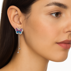 Arete Largo Mariposa con Cristales Bicolor y Cadena Cola de Rata Plata .925