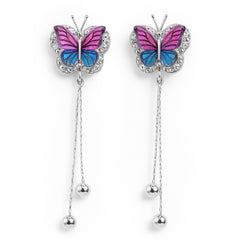 Arete Largo Mariposa con Cristales Bicolor y Cadena Cola de Rata Plata .925