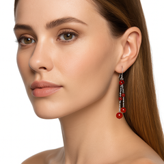 Arete Largo con Bolitas Ágata Rojas Hecho a Mano Plata .925