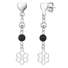 Arete Largo Flor Calada Con Ónix Negro Plata .925