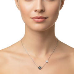 Collar Flores Inspirado Van C Piedra Natural Onix Plata .925 con Rodio