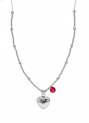 Collar Corazón Bombeado y Swarovski Rojo con Cadena Bolitas Lisas Plata .925