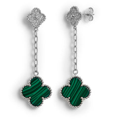 Arete Flor Largo Inspirado Van C con Micro Circonias y Cadena Paper Clip Plata .925 con Rodio