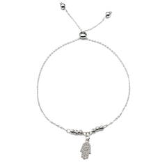 Pulsera Ajustable Mano de Fatima con Bolitas Diamantadas y Cadena Eslabones Plata .925