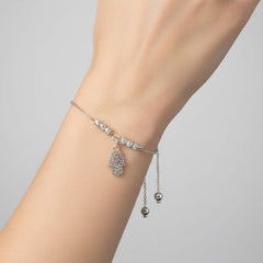 Pulsera Ajustable Mano de Fatima con Bolitas Diamantadas y Cadena Eslabones Plata .925