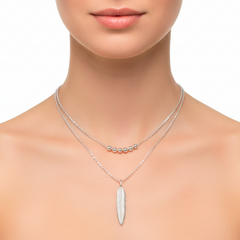 Collar Doble con Dije de Pluma con Bolita Diamantada Plata .925