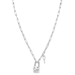 Collar Paper Clip con Candado Grabado y Llave Plata .925