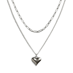 Collar Doble Corazon Bombeado y Cadenas Paper Clip con Cartier Plata .925