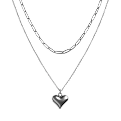 Collar Doble Corazon Bombeado y Cadenas Paper Clip con Cartier Plata .925