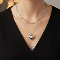 Collar Doble Corazon Bombeado y Cadenas Paper Clip con Cartier Plata .925