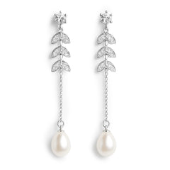 Arete Largo Hojas con Micro Circonias y Perla Natural Plata .925