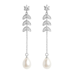 Arete Largo Con Hojas De Micro Circonias Y Perla Natural De 5Cm Plata .925