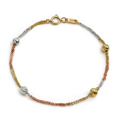 Pulsera Bolita Diamantada y Cadena Torzal Plata .925 con Baño de 3 Oros