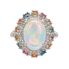 Anillo Piedras Preciosas Ópalo con Citrino, Peridoto y Zafiro y Circonias, Plata .925 con Rodio