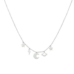 Collar Dijes Colgantes Lisos de Luna, Estrella, Saturno y Rayo Plata .925