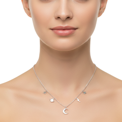 Collar Dijes Colgantes Lisos de Luna, Estrella, Saturno y Rayo Plata .925
