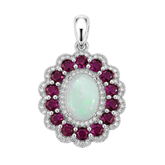 Dije Piedras Preciosas Maxi Flor Ópalo de Etiopía con Rubí, Plata .925 con Baño de Rodio