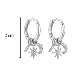 Arracada Huggies con Dijes Luna y Estrella con Micro Circonias Plata .925 con Baño de Rodio