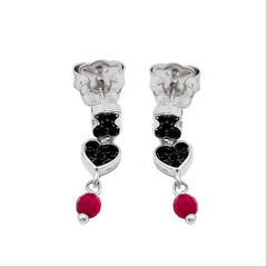 Arete Oso 1.1 Con Corazón Circonias Negras Y Ágata Rosa, Plata 925 Con Baño De Rodio