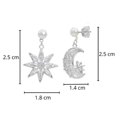 Arete Mediano Luna Y Estrella Con Circonias Y Perla Natural Plata .925