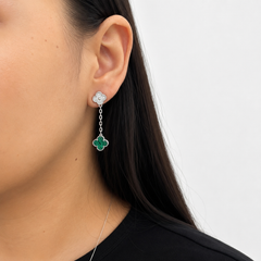 Arete Flor Largo Inspirado Van C Malaquita Verde con Micro Circonias y Cadena Paper Clip Plata .925 con Baño de Rodio
