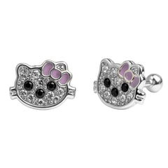 Arete Broquel Kitty con Cristales y Moño Esmaltado Plata .925