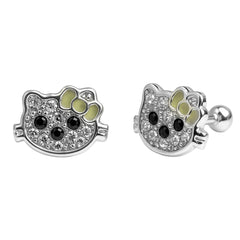 Arete Broquel Kitty con Cristales y Moño Esmaltado Plata .925