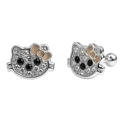 Arete Broquel Kitty con Cristales y Moño Esmaltado Plata .925