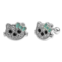 Arete Broquel Kitty con Cristales y Moño Esmaltado Plata .925